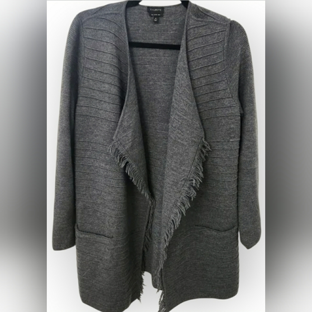 Talbots Cardigan Capsule Minimalist Gray Wool Knit Sweater Fringe Small